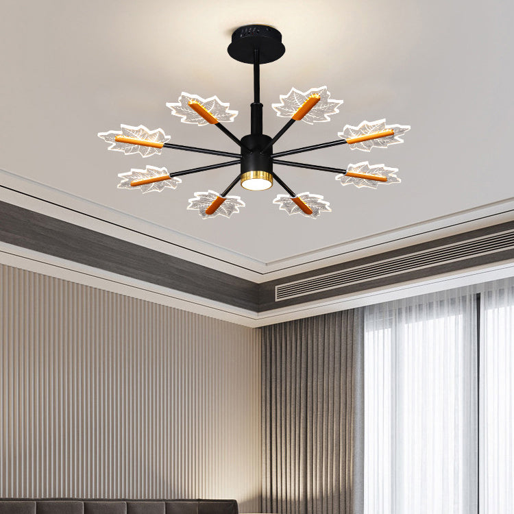 Sleek Black Iron Acrylic LED Chandelier with Maple Leaf Design for Living Room