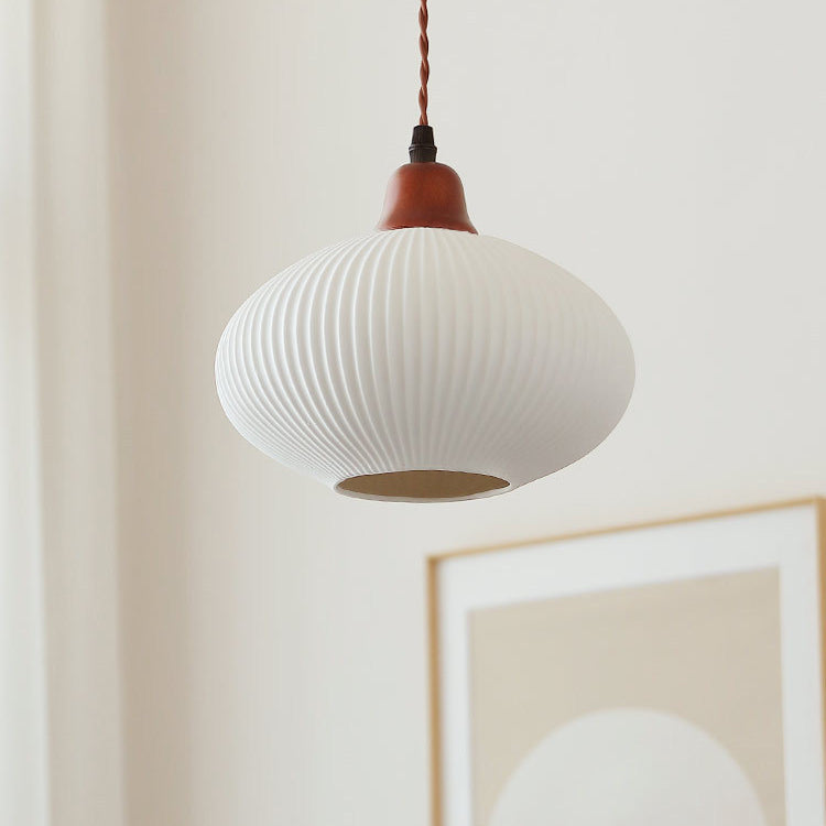 Japanese Ceramic Pleated Dome Pendant Light in Wood & Iron for Home