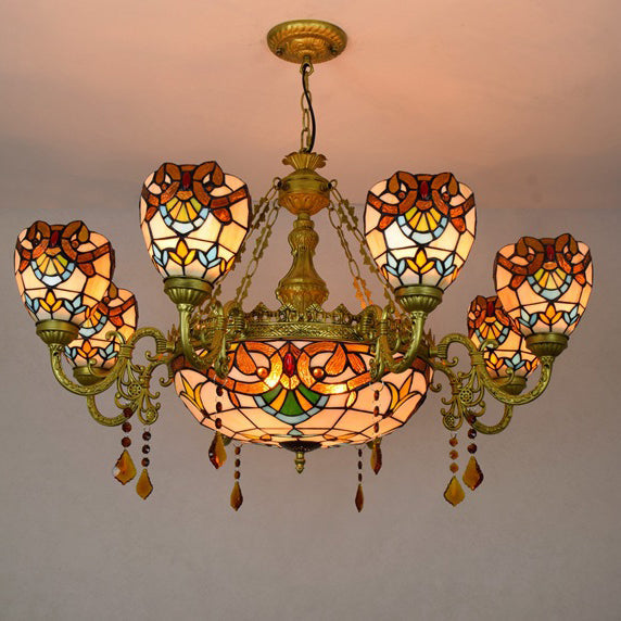 Vintage Tiffany Baroque Glass and Iron 8/11 Light Chandelier for Living Room