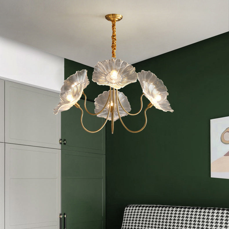 Art Deco Gold-Finish Lotus Leaf Glass Shade Chandelier for Living Room