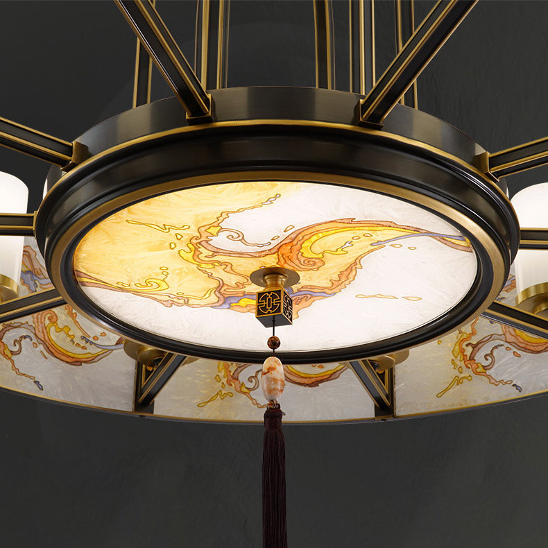 Traditional Brass Frame Enamel Glass Cylinder Chandelier for Living Room