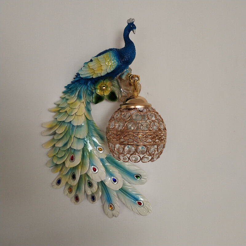 Vintage Ornate Peackcock Wall Sconce Lamp with Crystal Ball Shade for Living Room