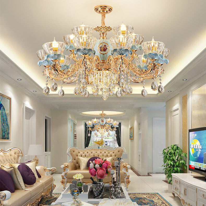 Elegant European Floral Crystal Chandelier in Zinc Alloy for Living Room