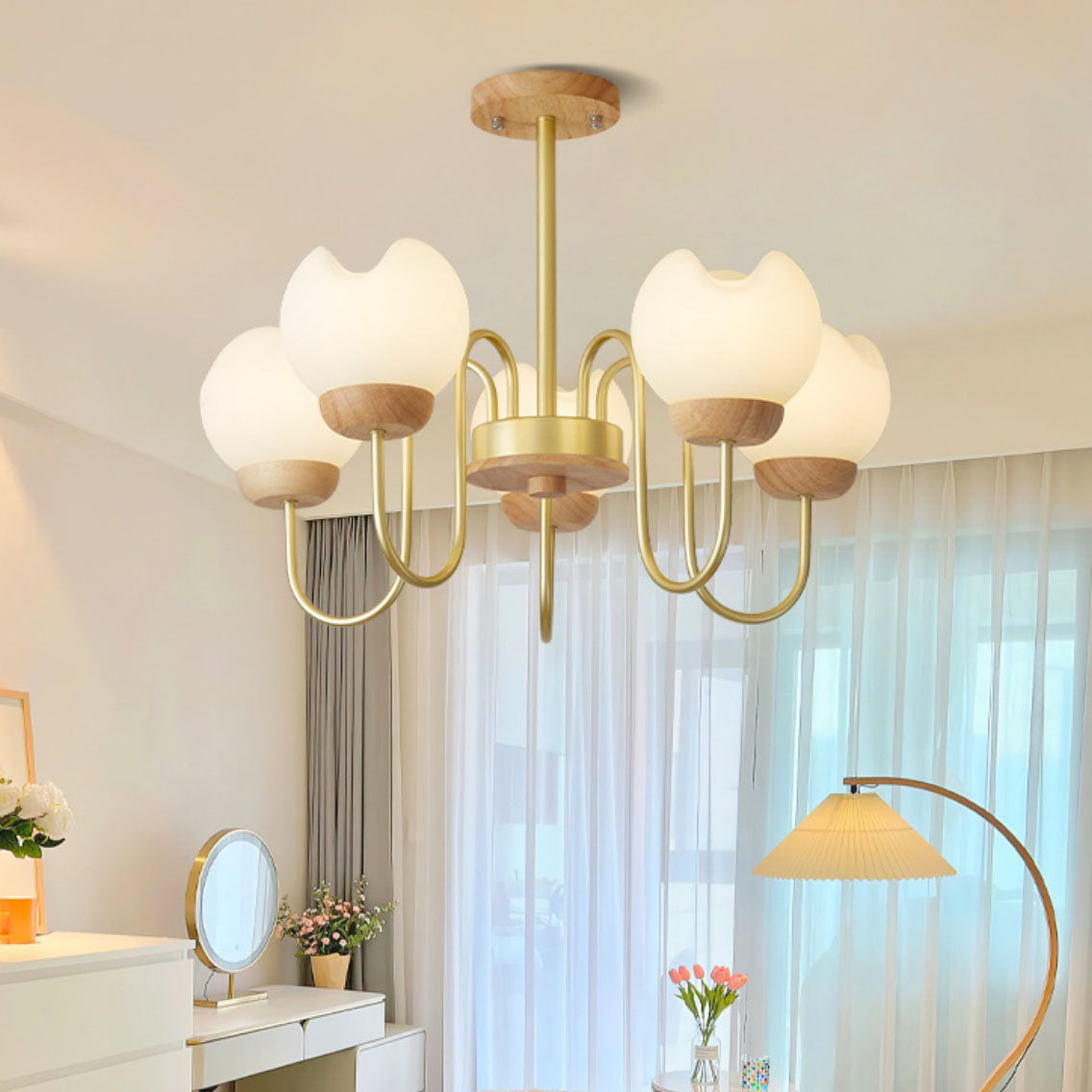 Modern Floral Metal and Rubberwood Chandelier Light for Living Room