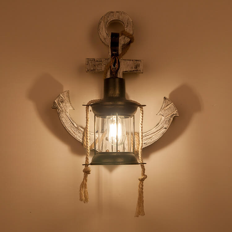 Rustic Industrial Wooden Boat Anchor Wall Sconce Light for Nautical Decor