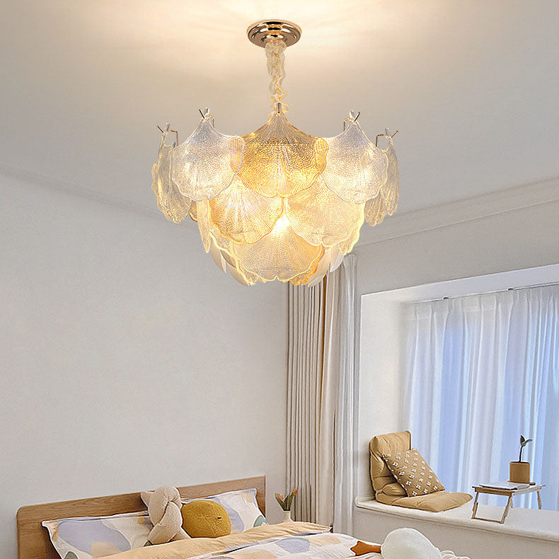 Elegant French Ginkgo Leaf Iron and Glass Chandelier for Living Room