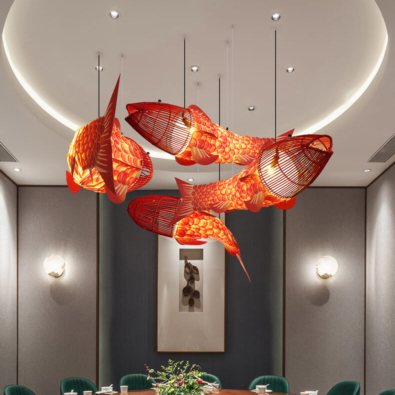 Elegant Chinese Koi Fish Iron and PVC Chandelier for Dining Room 2/4 Lights
