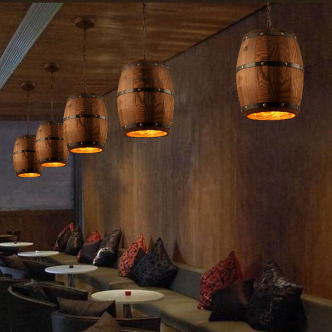 Rustic Round Iron & Wood Wine Barrel 1-Light Pendant for Dining Room