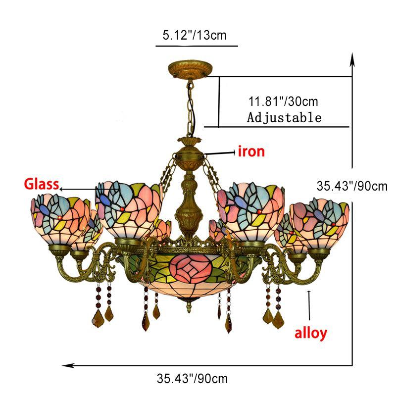 Vintage Tiffany-Style Floral Dome Iron Glass Chandelier for Living Room