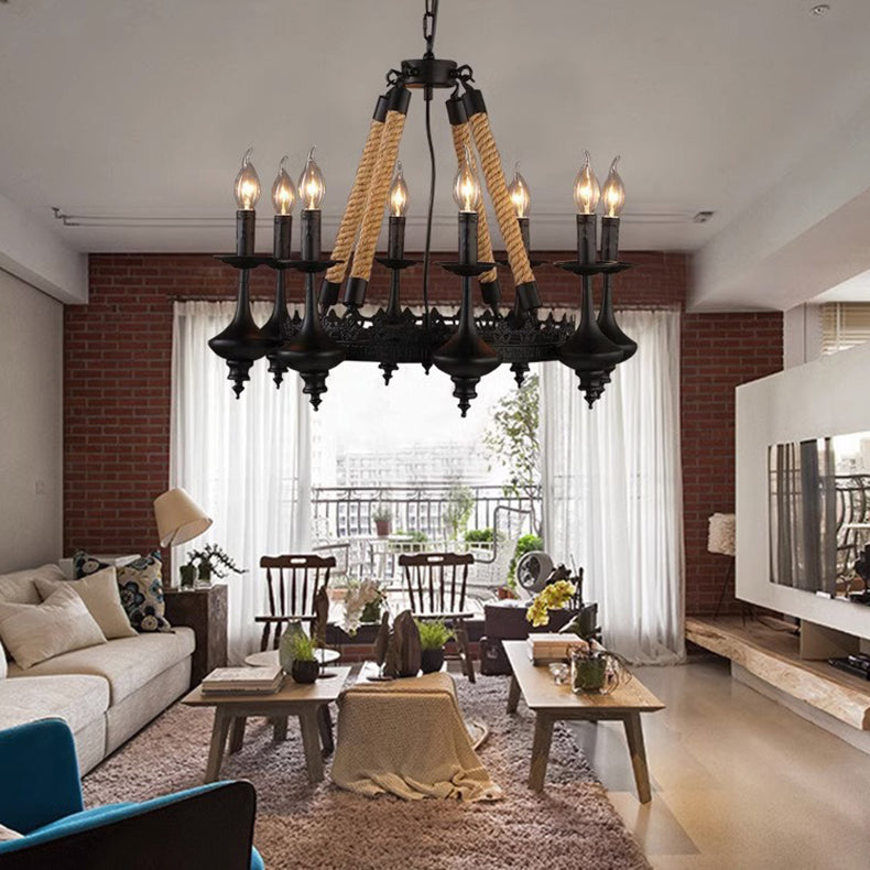 Rustic Iron and Hemp Rope Round Candelabra Chandelier for Living Room