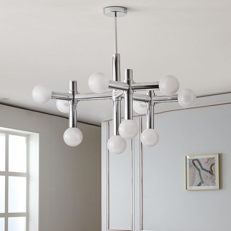 Mid-Century Modern Silver Iron 10-Light Glass Ball Chandelier for Living Room