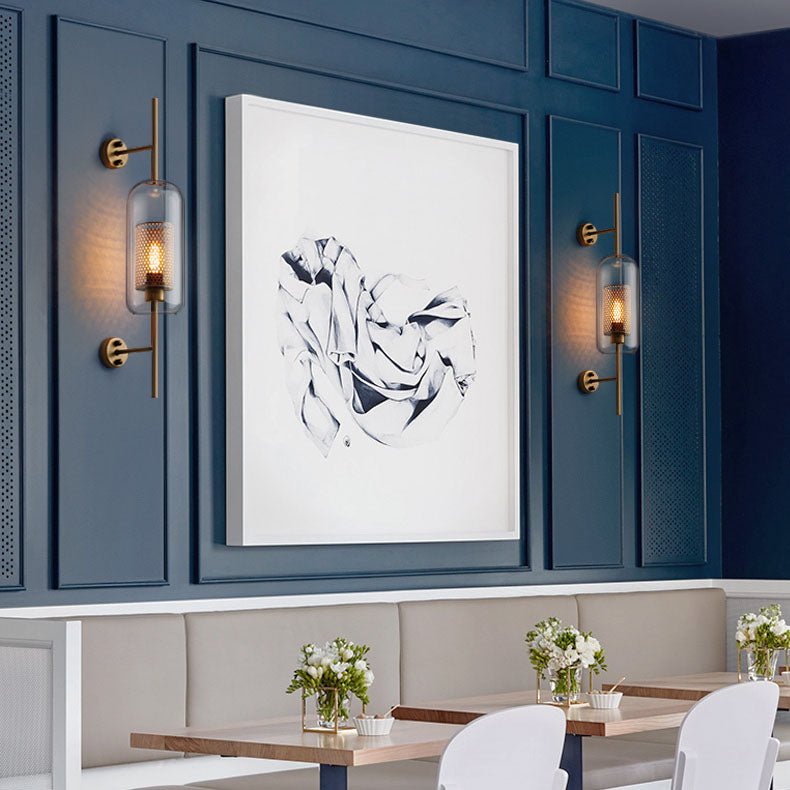 Industrial Iron Frame Wall Sconce with Cylinder Glass Shade for Bedroom
