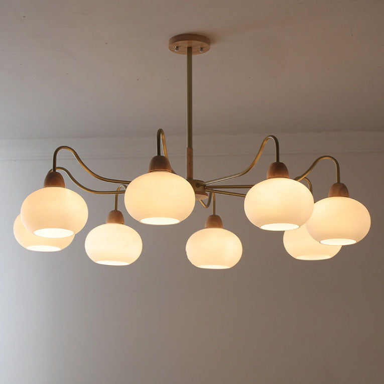 Scandinavian Rubberwood & Glass Round Chandelier for Modern Living Room