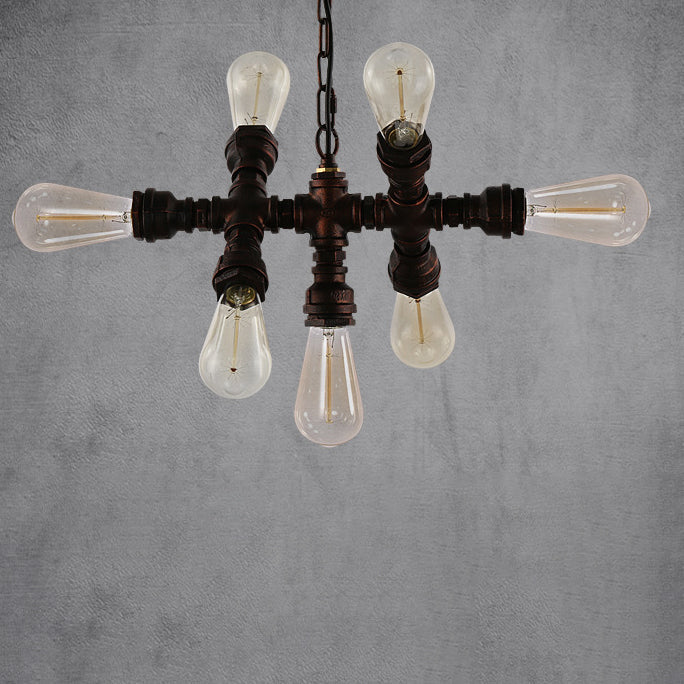 Rustic Industrial Black Iron 7-Light Water Pipe Chandelier for Loft Dining