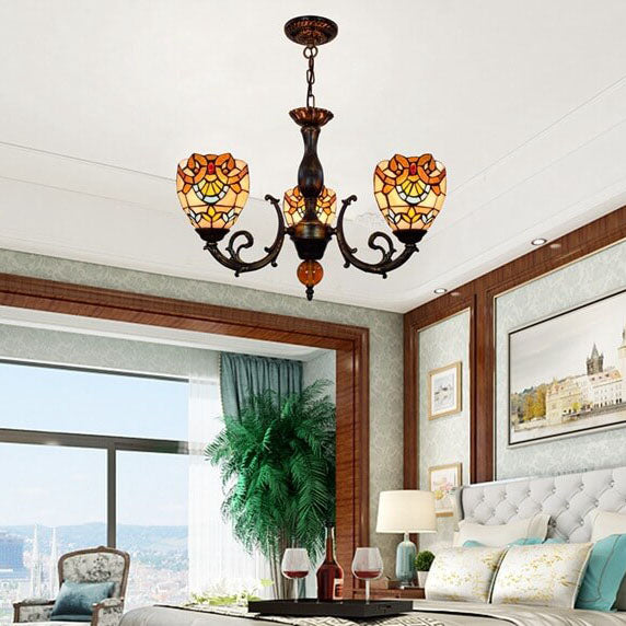Traditional Tiffany Baroque Bell Alloy Glass 3-Light Chandelier For Living Room