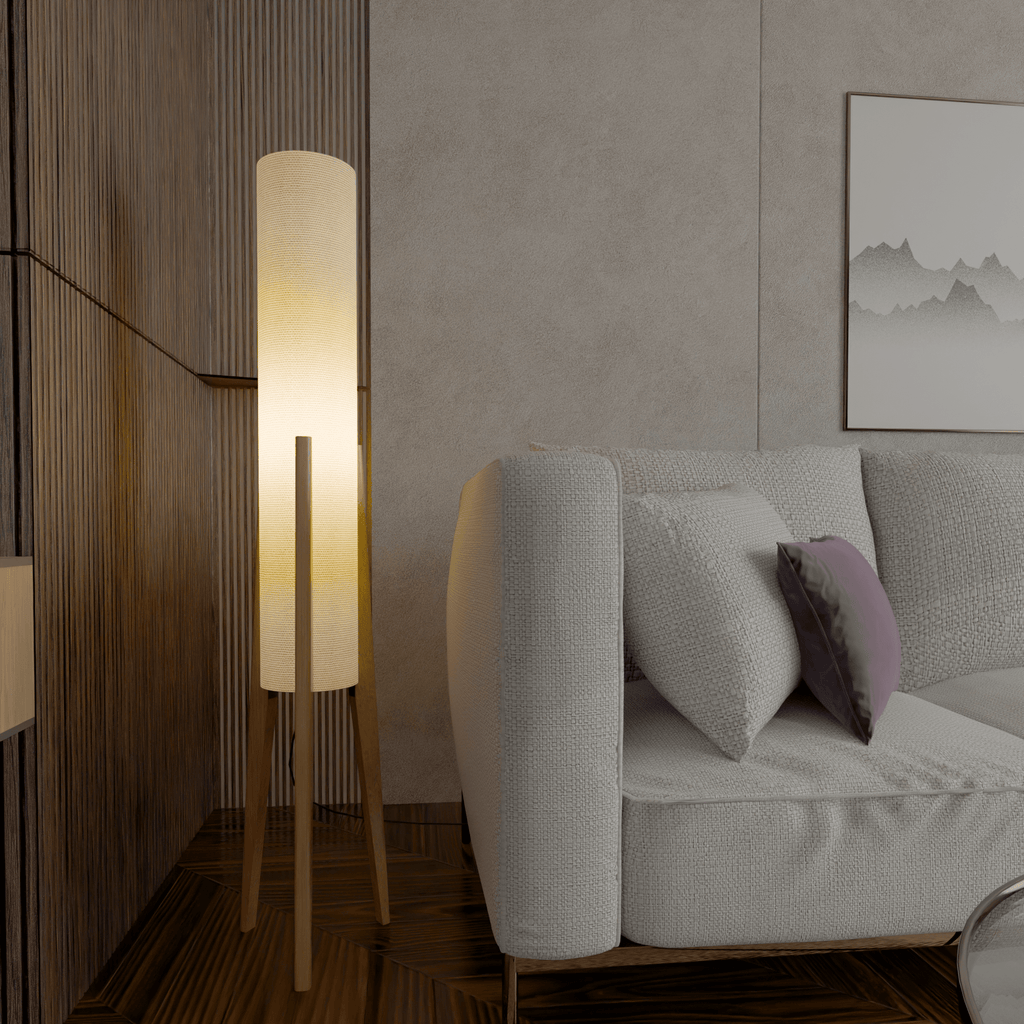 Modern White Fabric Floor Lamp with Wooden Base for Living Room Use