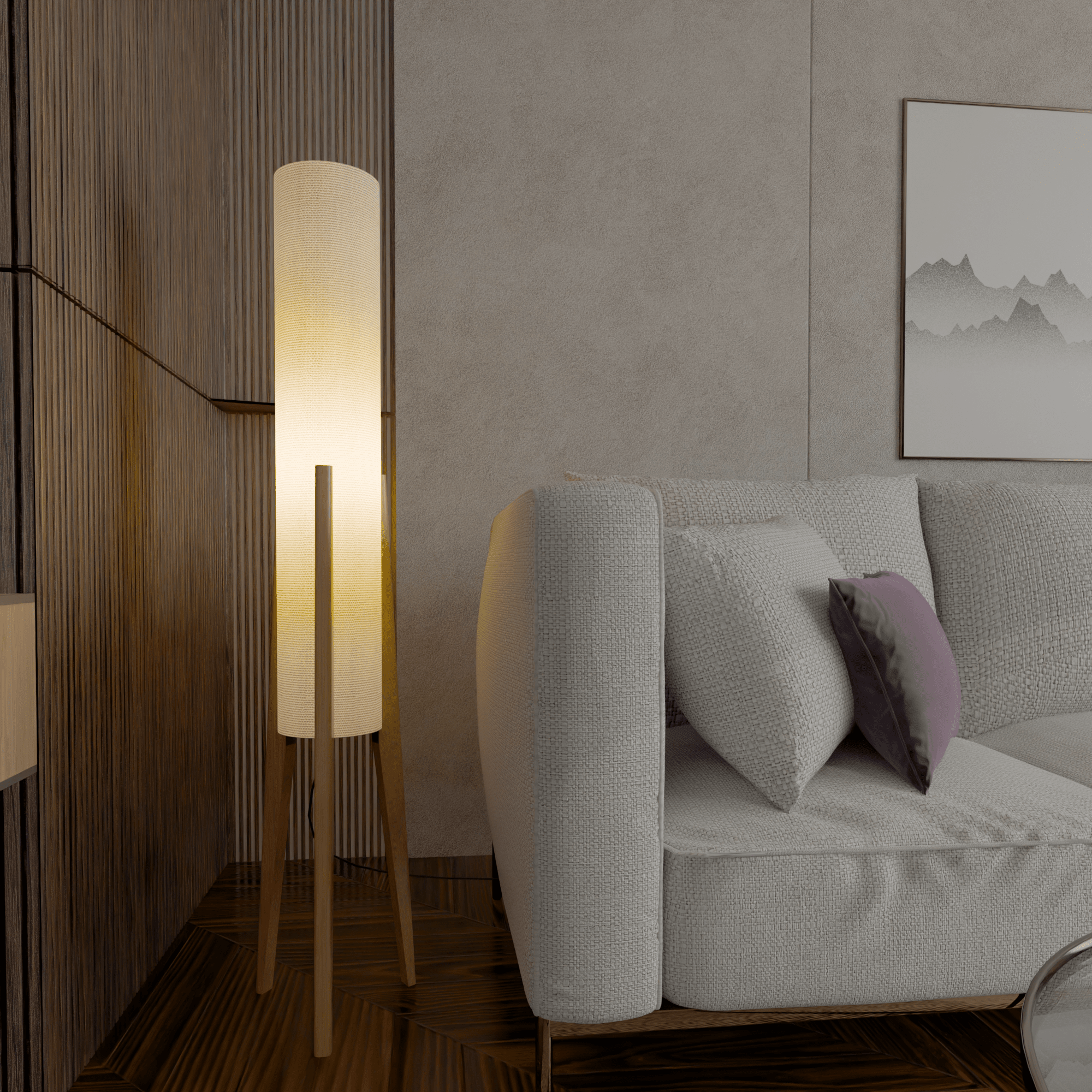 Modern White Fabric Floor Lamp with Wooden Base for Living Room Use