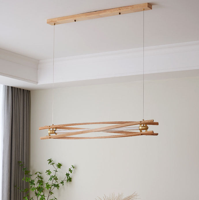 Rustic Ash Wood & Brass LED Island Chandelier for Dining Room Elegance