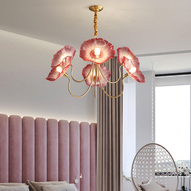 Art Deco Gold-Finish Lotus Leaf Glass Shade Chandelier for Living Room