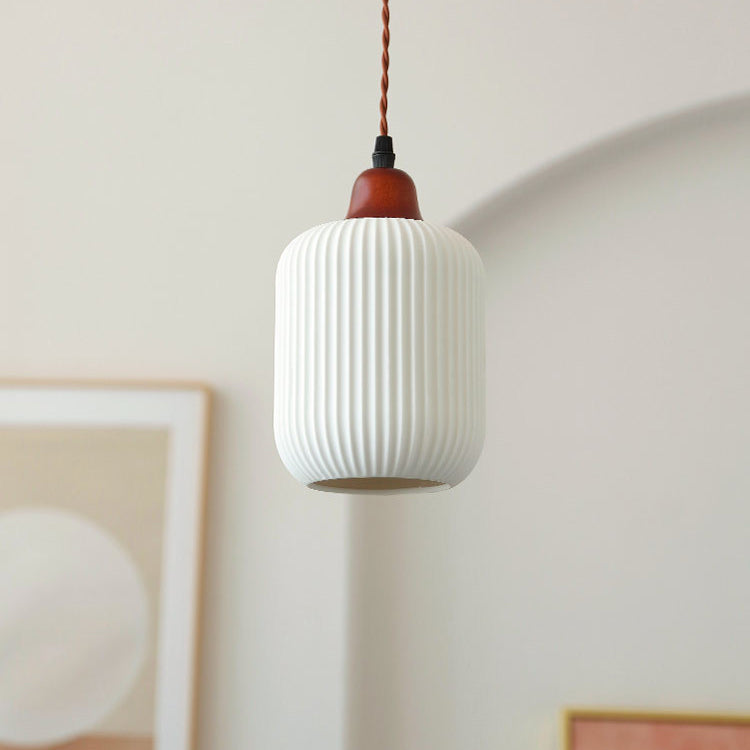 Japanese Ceramic Pleated Dome Pendant Light in Wood & Iron for Home