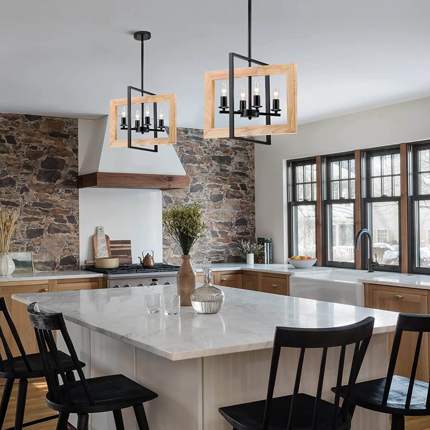 Rustic Vintage Wood and Iron 4/6 Light Rectangular Island Chandelier