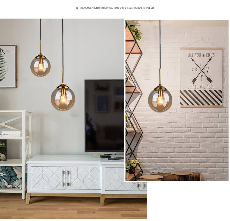 Nordic Copper Glass Spherical Island Light Chandelier for Dining Room