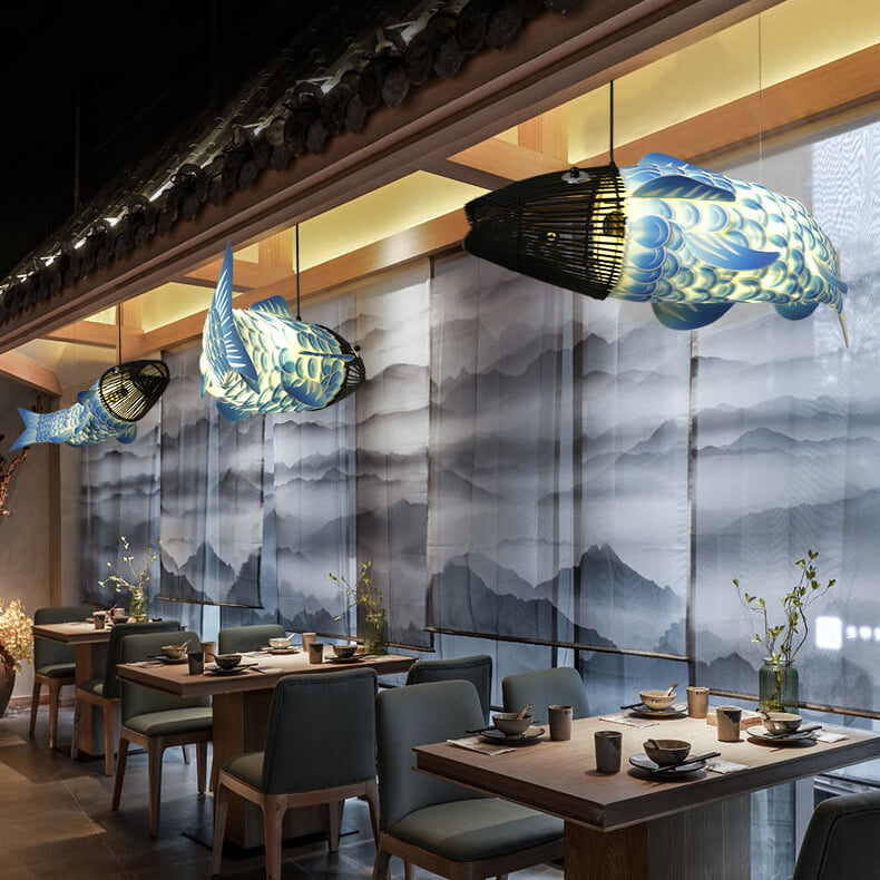 Elegant Chinese Koi Fish Iron and PVC Chandelier for Dining Room 2/4 Lights