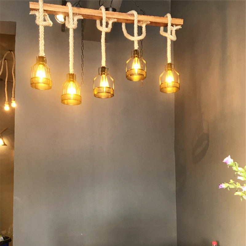 Rustic Wood Beam Iron Cage 5-Light Chandelier for Dining Room Decor