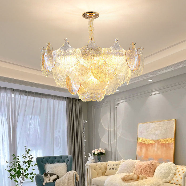 Elegant French Ginkgo Leaf Iron and Glass Chandelier for Living Room