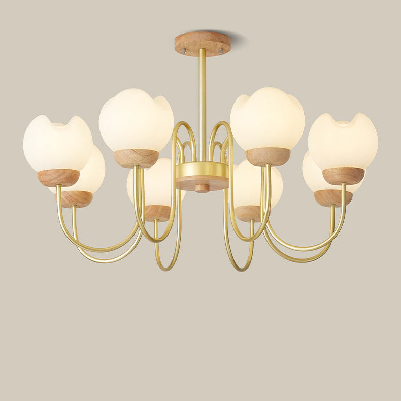 Modern Floral Metal and Rubberwood Chandelier Light for Living Room