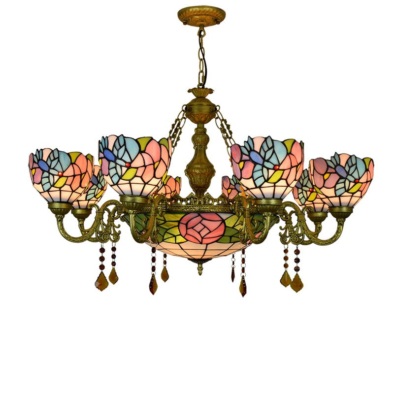Vintage Tiffany-Style Floral Dome Iron Glass Chandelier for Living Room