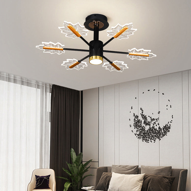 Sleek Black Iron Acrylic LED Chandelier with Maple Leaf Design for Living Room