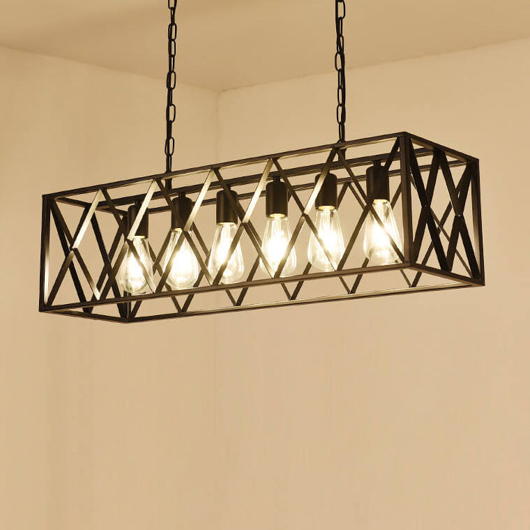 Rustic Black Iron Cage Rectangle Chandelier for Dining Room Island Light