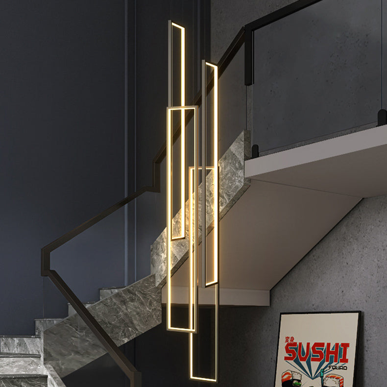 Sleek Black Minimalist Iron and Aluminum LED Chandelier for Stairway