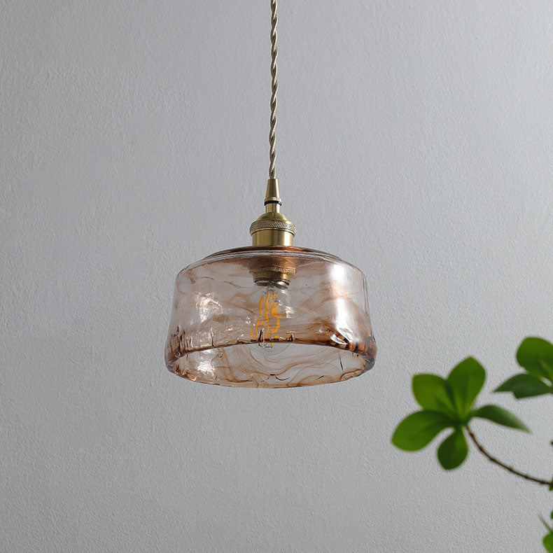 Vintage Amber Glass Drum Pendant Light with Brass for Living Room