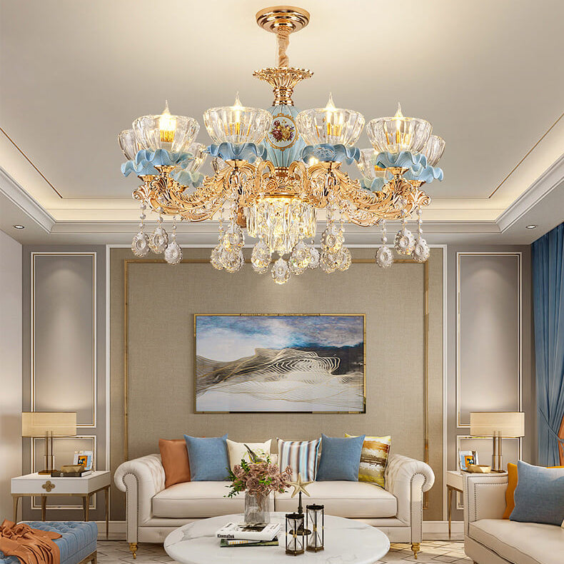 Elegant European Floral Crystal Chandelier in Zinc Alloy for Living Room