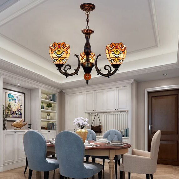 Traditional Tiffany Baroque Bell Alloy Glass 3-Light Chandelier For Living Room