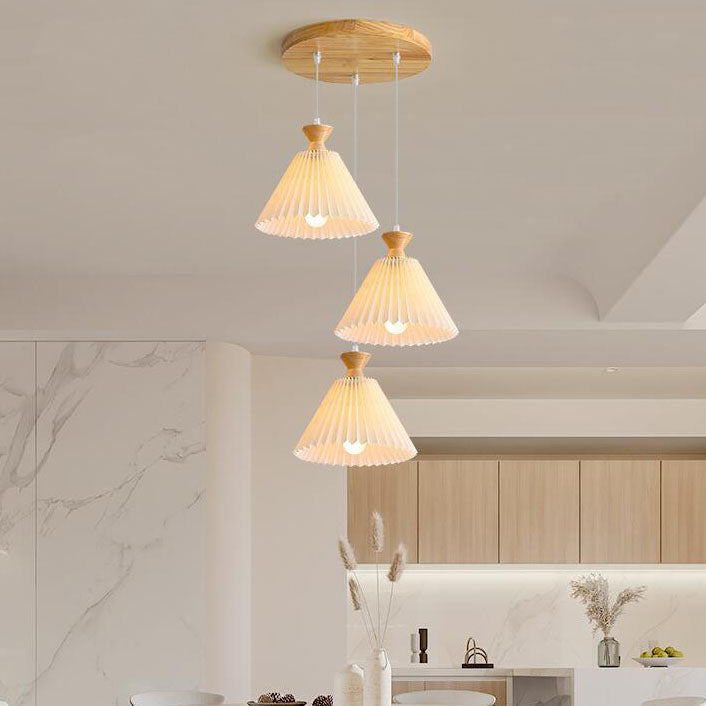 Traditional Japanese Pleated Cone Rubberwood Chandelier for Living Room