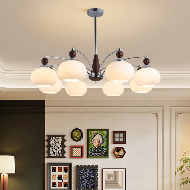 Modern Wood and Glass Round Chandelier for Living Room, 3/5/6/8 Lights