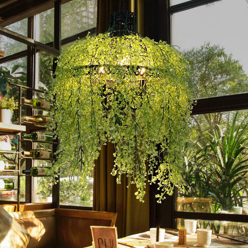 Vintage Green Plant Vine 3-Light Metal Chandelier for Living Room Decor