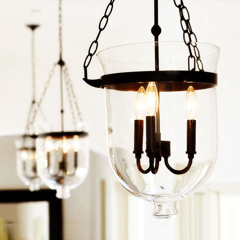 Rustic Iron 3-Light Round Glass Bucket Candelabra Chandelier for Living Room