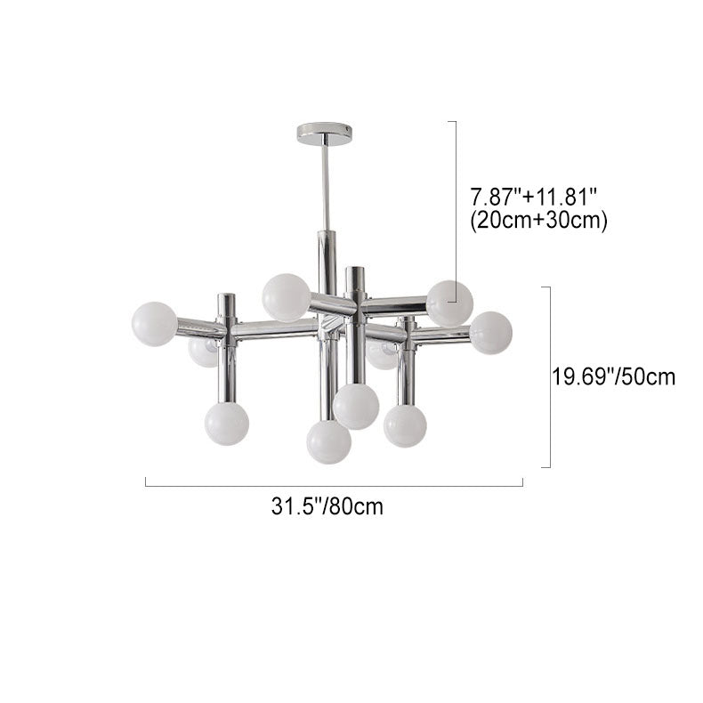 Mid-Century Modern Silver Iron 10-Light Glass Ball Chandelier for Living Room