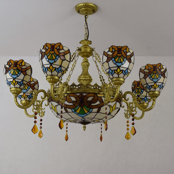 Vintage Tiffany Baroque Glass and Iron 8/11 Light Chandelier for Living Room