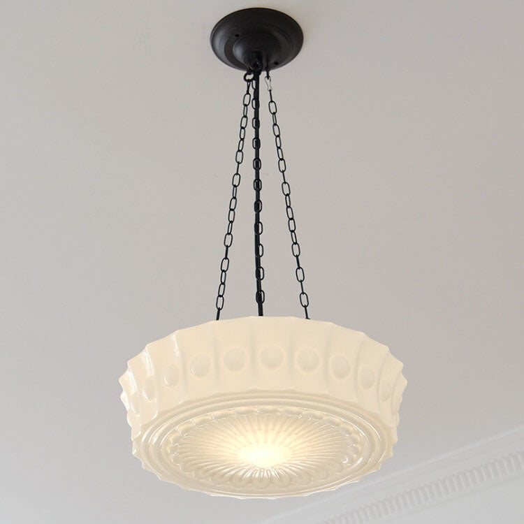 Elegant Black Iron Glass Striped Drum LED Ceiling Light for Living Room