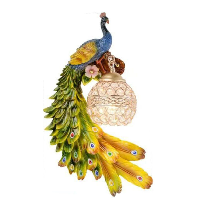 Vintage Ornate Peackcock Wall Sconce Lamp with Crystal Ball Shade for Living Room
