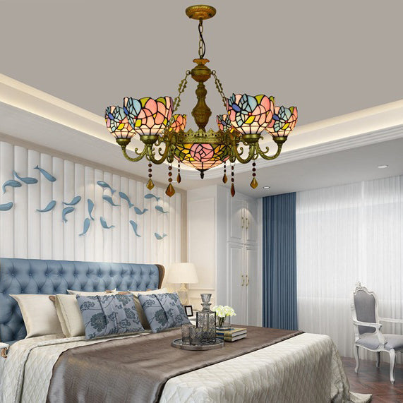 Vintage Tiffany-Style Floral Dome Iron Glass Chandelier for Living Room