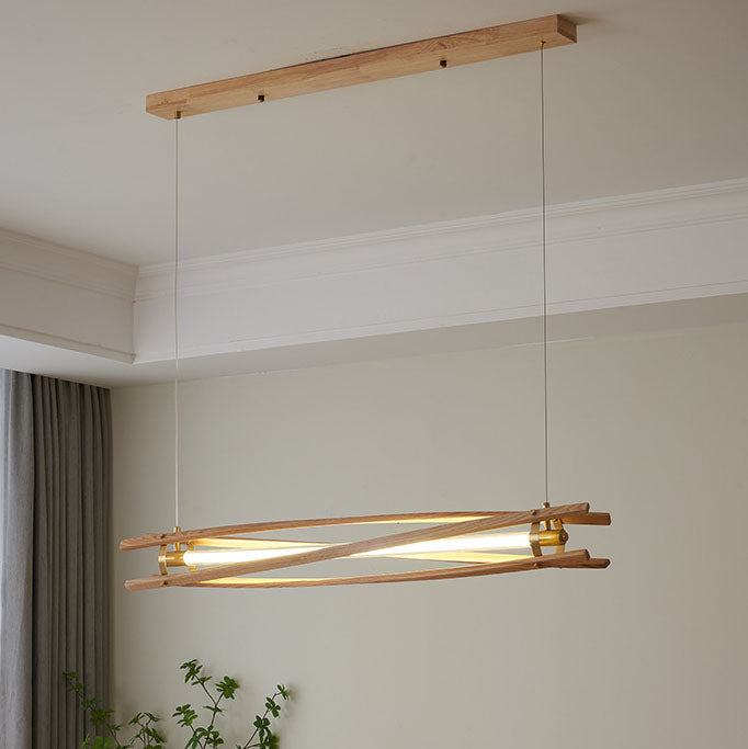 Rustic Ash Wood & Brass LED Island Chandelier for Dining Room Elegance