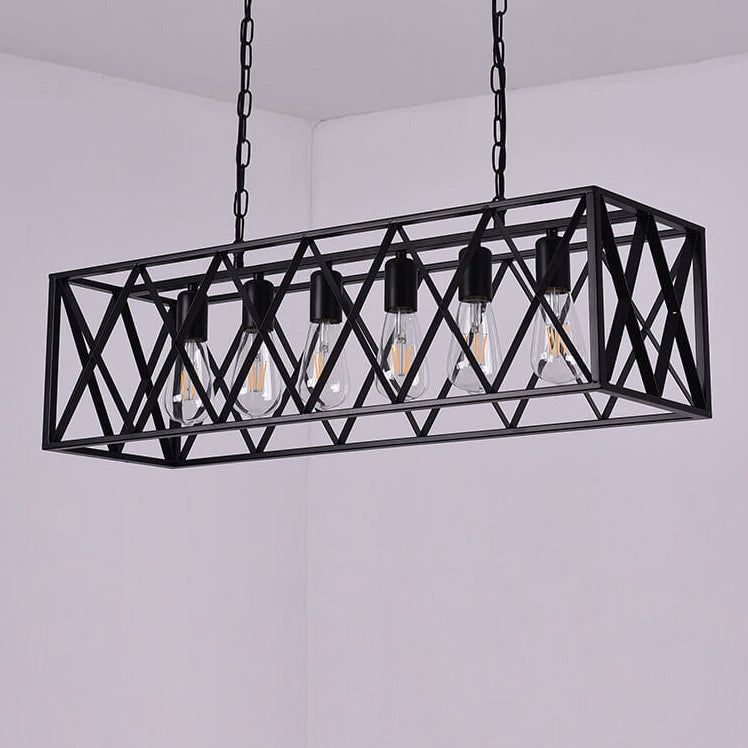 Rustic Black Iron Cage Rectangle Chandelier for Dining Room Island Light
