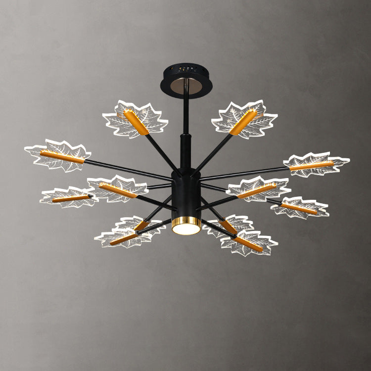 Sleek Black Iron Acrylic LED Chandelier with Maple Leaf Design for Living Room