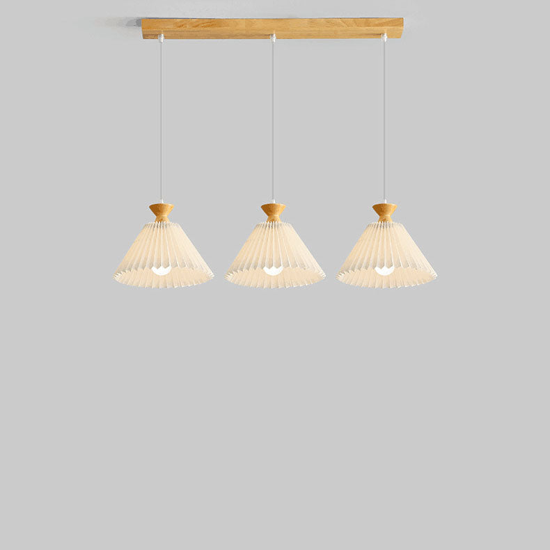 Traditional Japanese Pleated Cone Rubberwood Chandelier for Living Room